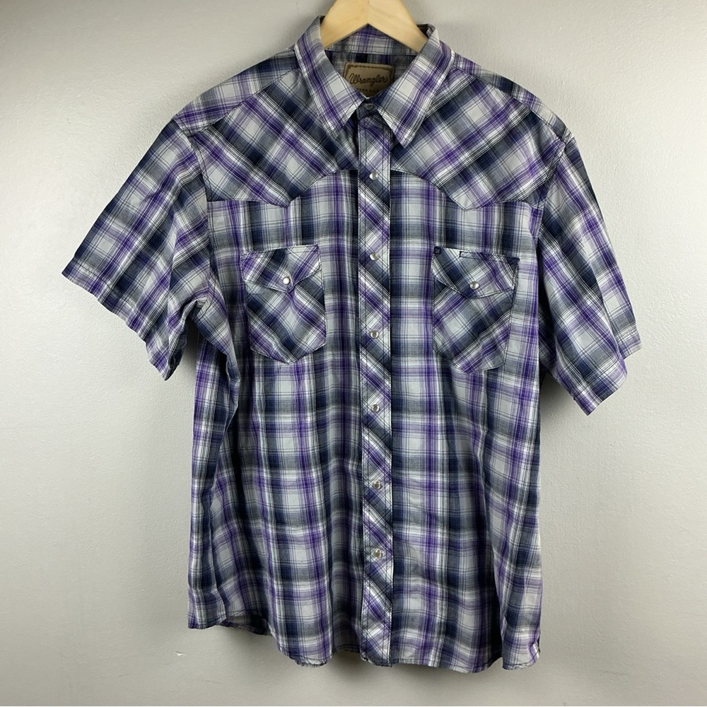 Wrangler Men’s Purple Plaid Pearl Snap Button Short Sleeve Western Shirt Sz. XL